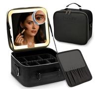 BeautyOnBoard Makeup Bag with LED Mirror, PU Leather Makeup Case - 3 Adjustable Brightness Levels, Lighted Cosmetic Case with Mirror, Dividers - Make Up Portable Storage Travel Organizer with Handle
