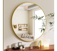 BEAUTYPEAK 76 cm Round Mirror in Gold, Round Decorative Wall Mirror with Aluminium Frame, Shatterproof Bathroom Mirror for Hanging and Leaning, Wall Mirror for Bedroom, Bathroom, Living Room