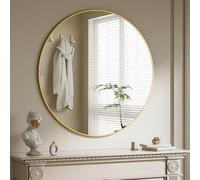 BEAUTYPEAK 90 cm Round Mirror, Shatterproof Wall Mirror with Aluminium Frame, Bathroom Mirror for Hanging and Leaning, Round Wall Mirror for Bedroom, Bathroom, Living Room, Gold