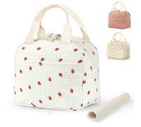Beautyshow Insulated Lunch Bag for Kids Girls Women Ladies, Cute Corduroy Lunch Box wiht Place Mat, Reusable Large Capacity Cool Tote Bags for School Work Picnic Travel (Corduroy Strawberry Beige)