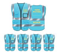 BeautyWill Custom Hi Vis Vest for Men and Women,Class 2 hi vis Zipper Front High Visibility Vest Hi Vis reflective Vest Waistcoat with Phone & ID Pockets-5 Pack(001LightBlue, XL)