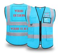 BeautyWill Custom LOGO Hi Vis Reflective Vest Class 2 ANSI Safety Vests with 5 Pockets Zipper High Visibility Construction Uniform Blue