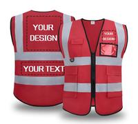 BeautyWill Custom LOGO Hi Vis Reflective Vest Class 2 ANSI Safety Vests with 5 Pockets Zipper High Visibility Construction Uniform Red