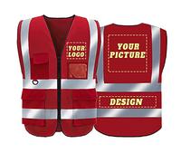 BeautyWill Hi Vis Customized Vest with Logo, Class 2 Personalized High Visibility Reflective Vestwith 5 Pockets and Zipper (Red, L)