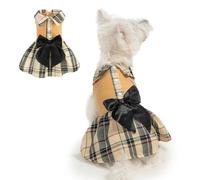 BEAUTYZOO Plaid Dog Dress with Bow, Crystal Velvet Puppy Dress Winter Dog Clothes for Small Dogs Girl, Chihuahua Yorkie Poodle Outfit, Beige M