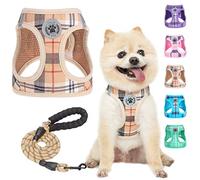 BEAUTYZOO Small Dog Harness and Leash Set,Step in No Chock No Pull Soft Mesh Dog Harnesses Reflective for Extra Small Medium Puppy Dogs and Cats, Plaid Dog Vest Harness for XS S Pets, Beige S