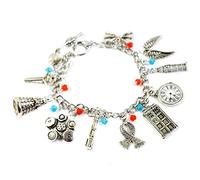 Beaux Bijoux Doctor Silver Tone TV Inspired Charm Bracelet with Dalek Robot, Tardis,London Eye, Clock, Scarf and More Charms