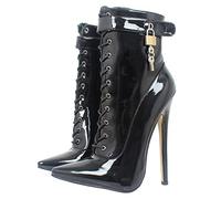 BeAUZQ 7inch Sexy Fetish High Heel Pointed toe Stiletto Heels Patent Leather lace up Lockable Ankle Strap Boots Motorcycle Boot Stripper Dance Shoes,Black,44