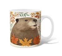 Beaver Ceramic Coffee Mug, Fall Nature Leaves Berries Fall Brown Novelty Office Drinking Cup with Handle Gift for Friendship Family Colleague Staff Sweetheart Teachers 11 Oz