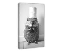 Beaver With A Toilet Paper Roll on Head, Bathroom, Vintage Animal Photo, Cute Beaver Humor, Modern Wall Prints Abstract Geometric Minimalist Art Framed Canvas Prints For Office Bedroom Wall Decor 16x2