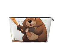 Beaver Working Printed Toiletry Bag for Women Girl Portable Travel Cosmetic Bag Leather Makeup Pouch Organizer with Silver Zipper