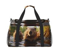 beaver working1 print Carry on Luggage for Women Men Shoulder Weekender Crossbody Bag for Yoga Travel Must Haves, Black, One Size