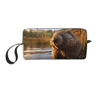 beaver working2 print Travel Toiletry Pouch, Pencil Bag Canvas Makeup Bag, Multi-Purpose Cosmetic Bag with Zipper, White, One Size
