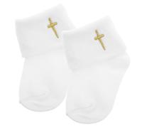 Beavorty 1 Pair Infant Baptism Socks White Cotton Ankle Socks with Turn Cuff Anti-Slip Design Embroidered Cross for 0-1 Year Old Baby