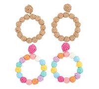Beavorty 2 Pairs Handmade Raffia Hoop Earrings for Women Teen Beach Jewelry Lightweight Elegant Summer Accessories Boho Style Rattan Geometric Design