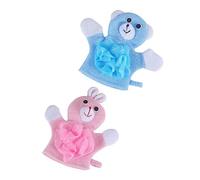 Beavorty 2pcs Cartoon Baby Bath Scrubbing Towels Foam Flowers, Soft Exfoliating Skin Cleaning Tools for Children, Pink Rabbit and Blue Bear Washcloths Set for Gentle Household Bathing