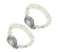 Beavorty 2pcs Elegant Women S Analog Quartz Watch with Double Row Faux Pearl Elastic Bracelet Charming Square Dial Wristwatch for Party Prom and Special Occasions