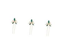 Beavorty 3pcs Green U Shaped Hair Pin with Rhinestones Handmade French Hair Fork for Secure Bun Styling Multi Function Hairpin Accessory for Women Weddings and Parties