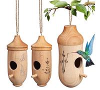 Beavorty 3pcs Hummingbird Houses Hanging Wooden Birdhouse Beechwood Nesting Box Garden Tree Decor Wild Bird Hotel Outside Decorative Pocket Natural Timber Avian Shelter Backyard Habitat