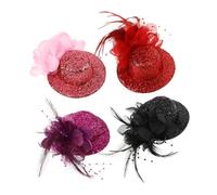 Beavorty 4pcs Fascinator Hat Hair Clips with Unique Veil Design Elegant Feathered Mini Top Hats for Women for Weddings Parties and Special Occasions Red Purple Black and Pink