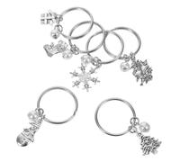 Beavorty 6pcs Christmas Keychain with Snowflake Snowman Stocking Tree Bell Designs Metal Holiday Pendants with Faux Pearl Accents Festive Bulk Party Favors for Seasonal Decorations