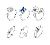 Beavorty 6pcs Rotatable Adjustable Fidget Rings Set for Men and Women with Zircon Copper Material, Stylish Open Design Finger Jewelry Decor for Daily Wear