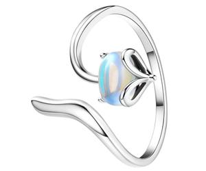 Beavorty Animal Theme Fox Design Moonstone Finger Ring Silver Open Band for Women's Party Jewelry