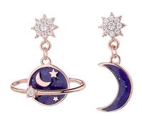 Beavorty Asymmetrical Moon Star Earth Planet Earrings for Women Drop Pendant Jewelry Valentines Day Girlfriend Mom Wife Rose Celestial Design