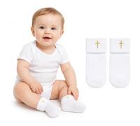 Beavorty Baby Baptism Socks White Christening Cross Embroidery | Infant Turn Cuff Anti Slip Cotton Booties Newborn 0 1 Year Old Church Ceremony Party Footwear