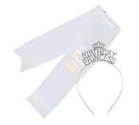 Beavorty Rhinestone Birthday Crown Headband with White Iridescent Sash for Women Elegant Princess Tiara Hair Accessory Comfortable and Eye Catching Party Decoration