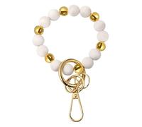 Beavorty Silicone Beaded Bracelet Key Holder with Gold White Beads Comfortable Wristlet Keychain Easy Detach Key Ring Multi Functional Decorative Accessory and Small Essentials