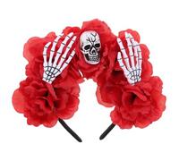 Beavorty Skull Headband with Red Rose Floral Design Horror Hair Accessory for Costume Parties Halloween Decorations Eye Catching Skeleton Claw Detail Lightweight Comfortable Fit