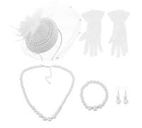 Beavorty Vintage Tea Party Accessories for Women and Fascinator Hat with Veil Pearl Bracelet Earrings Necklace Lace Gloves Elegant Headwear for Wedding and Themed Gatherings