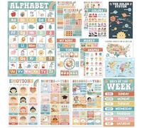 BEAWART 16 Boho Groovy Educational Posters for Preschoolers - Laminated Pre-K and Kindergarten Learning Poster Charts for Toddlers 1-3-5 - Homeschool and Classroom Decor for Kids' Walls