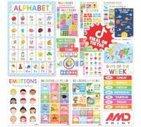 BEAWART 18 Laminated Educational Posters For Toddlers, Preschool Posters for Classroom, Kindergarten Wall Decor, PreK Learning Materials Alphabet Number Chart