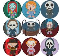 BEAYIOU 8Pcs Diamond Painting Coasters with Holder,DIY Halloween Life Coaster Diamond Art Kits for Adults Kids,Beginners Round Full Drill Diamond Art Craft Supplies