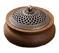 BEAZOOM Solid Walnut Incense Burner, Chinese Style Wooden Aromatherapy Holder with Striped Bronze Lid for Rod Cone Coil Incense, Fireproof Sandalwood Censer for Meditation Yoga Tea Room, 10x10x4cm