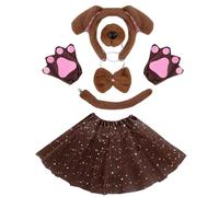 BEBAOVO Dog Costume Set with Ears, Tail, Bow Tie, Paw Gloves and Sparkly Tutu Skirt for Girls Women, Brown, 6-Piece
