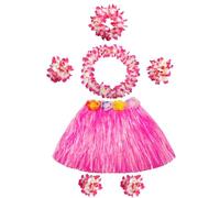 BEBAOVO Hawaiian Grass Hula Skirt Costume with Flower Leis Headband Necklace Wristbands Anklets for Halloween Cosplay Luau Party Beach Wedding Pink