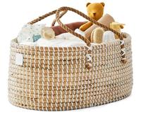BEBE BASK Baby Diaper Caddy Organizer - Handmade Organic Seagrass - Luxury Diaper Caddy Basket - Cute Diaper Caddy for Baby Girl & Diaper Caddy for Baby Boy - White (Natural)