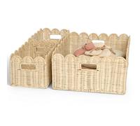 BEBE BASK Handwoven Scalloped Wicker Basket - Rattan Scalloped Basket Set of 3 (17 × 13 × 7 in), Wicker Baskets for Organizing, Wicker Storage Baskets for Shelves, Nursery and Home