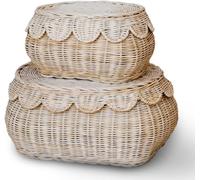 BEBE BASK Small Scalloped Basket Set Of 2 - Hand Woven Scallop Basket - 15 x 10 x 6 In - Scalloped Wicker Basket - Scalloped Edge Basket - Scalloped Storage Basket (Natural)