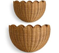 BEBE BASK The Original Scalloped Wicker Wall Basket - Set of 2 - Handwoven Scalloped Wall Baskets (16 x 10 x 7 in), Woven Rattan Wall Hanging Baskets - Mocca Scalloped Basket