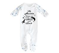 Bebe Dory Baby Sleepsuit “My Auntie Loves Me to the Moon and Back” 100% Cotton Newborn Outfit Unisex Sleepsuit for Niece or Nephew (White/Blue Stars, 0-3 Months)