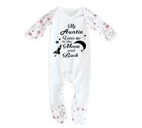 Bebe Dory Baby Sleepsuit “My Auntie Loves Me to the Moon and Back” 100% Cotton Newborn Outfit Unisex Sleepsuit for Niece or Nephew (White/Pink Stars, 0-3 Months)
