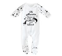 Bebe Dory Baby Sleepsuit “My Auntie Loves Me to the Moon and Back” 100% Cotton Newborn Outfit Unisex Sleepsuit for Niece or Nephew (White/Black Stars, 6-12 Months)