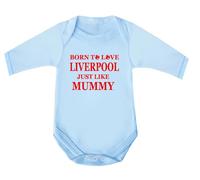 Bebe Dory Liverpool Baby Sleepsuit - 'Born To Love Liverpool Just Like Mummy Soft 100% Combed Cotton Football Themed Baby Sleepsuit for Football Fans (UK, Age, 0 Months, 3 Months, Bodysuit, Blue)