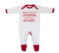 Bebe Dory Liverpool Baby Sleepsuit - 'Born To Love Liverpool Just Like Mummy - Soft 100% Combed Cotton Football-Themed Baby Sleepsuit for Football Fans (UK, Age, 0 Months, 3 Months, White/Red Trim)
