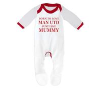 Bebe Dory Man Utd Baby Sleepsuit - 'Born to Love Man Utd Just Like Mummy - Soft 100% Combed Cotton Football-Themed Baby Sleepsuit for Football Fans (White/Red Trim, 0-3 Months)