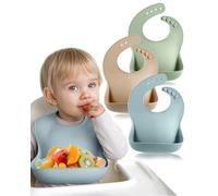 BebeCalin 3 Pack Baby Bib 6-12 Months, BPA-Free Silicone Bibs, Soft & Adjustable Weaning Bib, Waterproof Easy to Clean Baby Feeding Bibs, Non-Messy with Large Food Catcher Pocket (Ether+Sage+Sand)